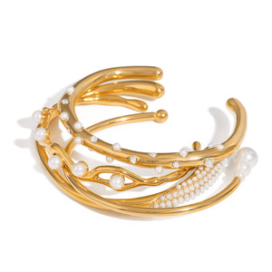 Vintage Stainless Steel 18k Gold Plated Geometric Shape Imitation Pearl Adjustable Charms Opening Cuff <b>Bangle</b> <b>Bracelets</b> Women's - Product Image 6