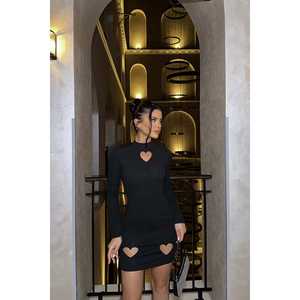 Vestido de Noche Negro de Ganchillo con Detalle de Corazón, Cintura Imperio, Silueta con Abertura, Encaje, Largo hasta el Suelo, Formal, de Lujo, Tallas XS-XL - Product Image 2