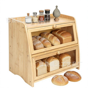 Bamboo Bread Storage Box Double Layer Kitchen Bakery Food Organizer With Glass Door For Home Use - Product Image 2