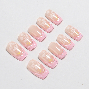 <span class=keywords><strong>Uñas</strong></span> Postizas Tropicales de Verano, Color Rosa Nude, Cuadradas, Onduladas, con Diseño de Flor de Hibisco, Reutilizables, de ABS, con Pegamento para <span class=keywords><strong>Uñas</strong></span>, Estilo Vacaciones en la Playa - Product Image 2