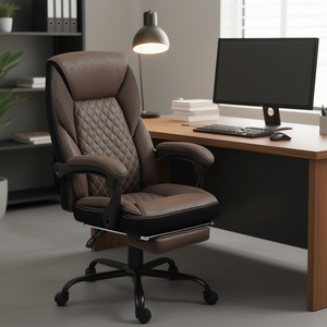 Silla de Oficina Ergonómica Ejecutiva, Cuero PU Marrón, Respaldo Alto, Brazos Ajustables, Ruedas Giratorias, Reposapiés, Diseño Contemporáneo - Product Image 2