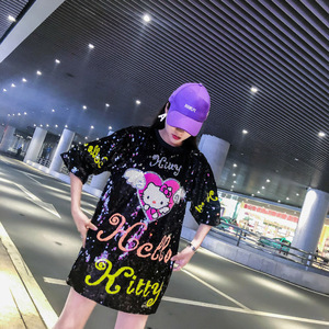 Abito Personalizzato da Donna con Paillettes Nere Mickey, Vestito a <span class=keywords><strong>Maniche</strong></span> <span class=keywords><strong>Corte</strong></span> in Jersey con Paillettes, Camicetta - Product Image 4