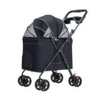 Poussette légère pour chien de taille moyenne, pliable d'une seule main, triple compacité, avec capote en maille, double frein, 4,4 kg, 50x62x98 cm, noire