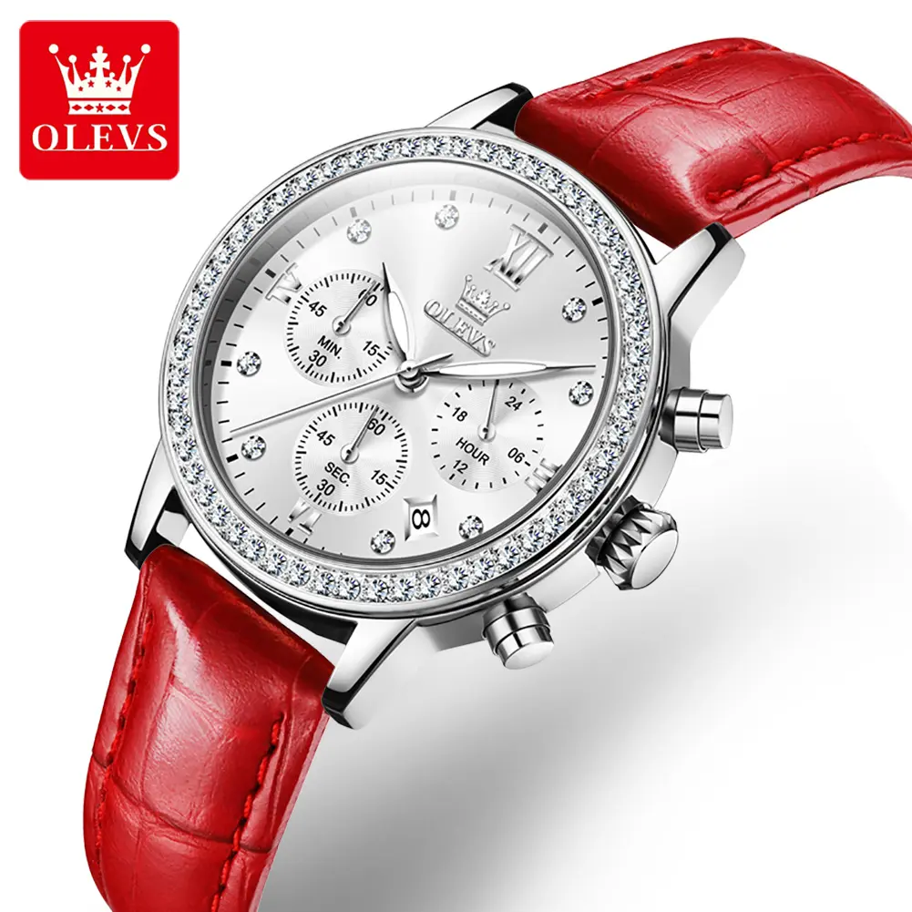 OLEVS – montres de luxe pour femmes, montres-bracelets en or Rose, montres à Quartz en cuir rouge pour femmes, 9933