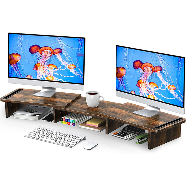 Desk Adjustable Length and Angle Wood Monitor Stand Rise Table Gaming Monitor Stand Riser With Drawer