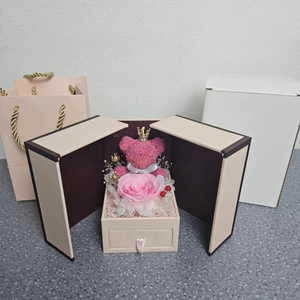 고급 목걸이 반지 상자에 담긴 모스 베어와 함께 보존된 열꽃 장미, 크리스마스 발렌타인 선물, 이중 도어 영원한 꽃 보석 선물 상자 - Product Image 1