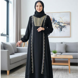 Black Embroidered <b>Abaya</b> Dress Women Long Sleeve Floor Length Modest Cotton Traditional Middle East Daily Wear - Product Image 1