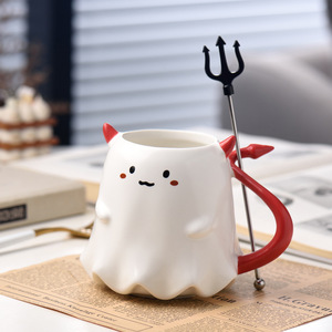 Taza de Cerámica con Diseño de <span class=keywords><strong>Diablillo</strong></span> Fantasma, con Agitador de Tridente, para Café/Té, Apta para Microondas y Lavavajillas, Adorable - Product Image 1