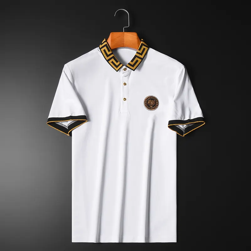 Zipper camisa masculina de golfe, camiseta polo casual, branca, bordada, dourada, de manga curta, estampada, para o verão