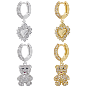 Petites boucles <span class=keywords><strong>d</strong></span>'oreilles en forme de cœur, design original, plaqué cuivre, avec un adorable <span class=keywords><strong>ours</strong></span> en peluche doré - Product Image 1