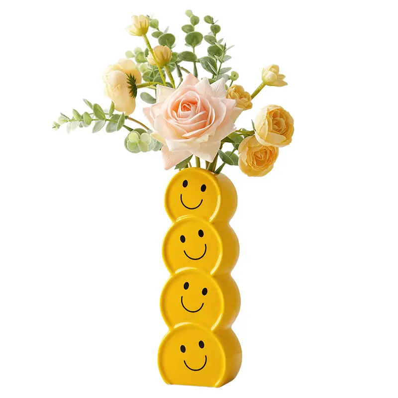 新着卸売アートワーク黄色笑顔セラミック花瓶ドライフラワー家の装飾