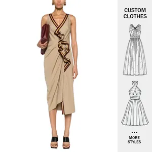 Custom Luxury Evening Sleeveless Dresses Midi Gold Ruffle Trim Draped High Low Hem Metallic Prom V-Neck Satin Dresses