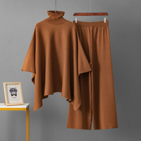 Ensemble élégant pour femmes, pantalon large à col haut, style décontracté d'hiver, ensemble en deux pièces avec châle en tricot