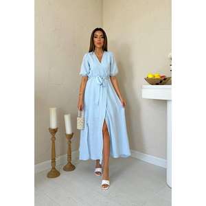 Vestido de lino muselina azul claro con cuello y corte holgado, transpirable, para uso diario informal, venta al por mayor - Product Image 6