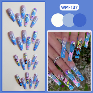 24 Uñas Postizas de Bob Esponja, Diseño Largo en Forma de Ataúd, Color Azul Degradado, con Diseño de Patricio Estrella y Estrellas de Mar, Suministros para Uñas - Product Image 2
