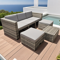 Ensemble de canapé modulaire en rotin gris Mel peu encombrant | Ottoman/Table de rangement dans le canapé | 6 places Sea - View Villa Patio Lounge