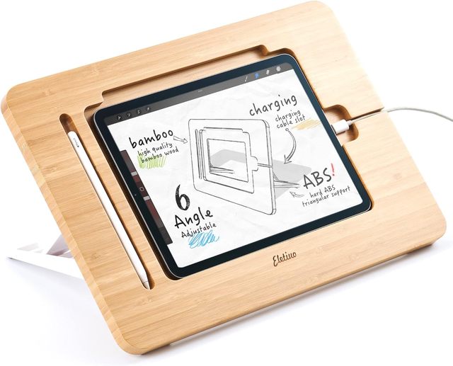 Upgraded Bamboo Wooden Drawing Ipad Holder with Pencil&Charger Cable Slot Multi-Angle Adjustable Tablet Desktop