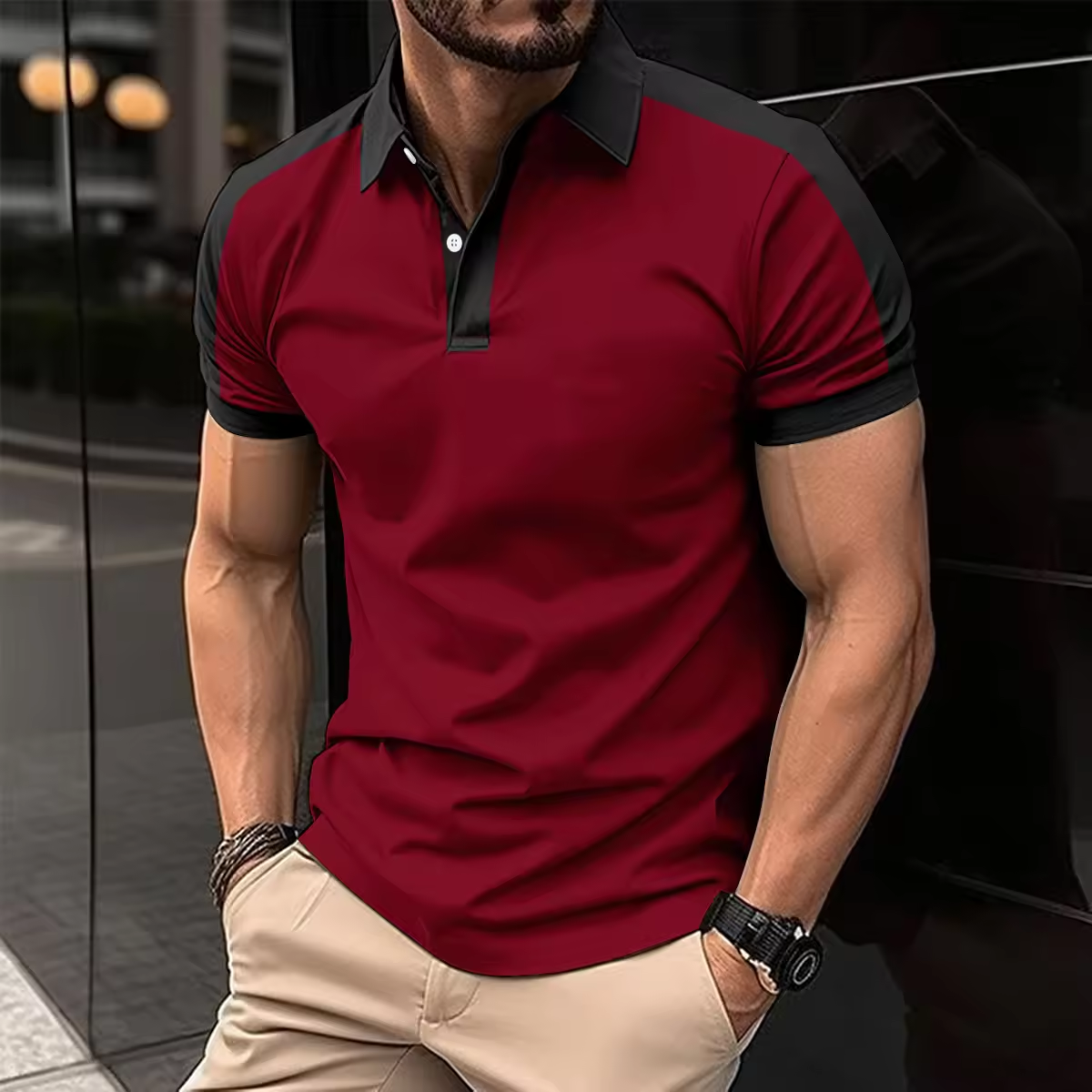 Men's Casual Polo Shirt Fashion Lapel Button Business Color Matching Top Parts Wear T-shirt