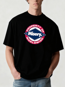 T-shirt décontracté 100 % coton respirant 220g avec motif graphique audacieux « Property Misery Worldwide » en forme de losange et lettres New Jersey en relief - Product Image 1