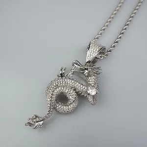 Blues hip hop punk jewelry Chinese style bling iced out full zircon solid copper alloy 3D white gold dragon pendant necklace