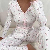 Ensemble de pyjama pour femmes, style européen et américain, vêtements de maison transfrontaliers, col en V, ourlet roulé, taille élastique, pantalon long, deux pièces, floral