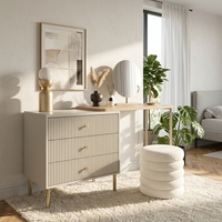 Ensemble coiffeuse crème cannelée, bureau de maquillage pliable en métal doré avec miroir rond, coffre de rangement pour chambre à coucher