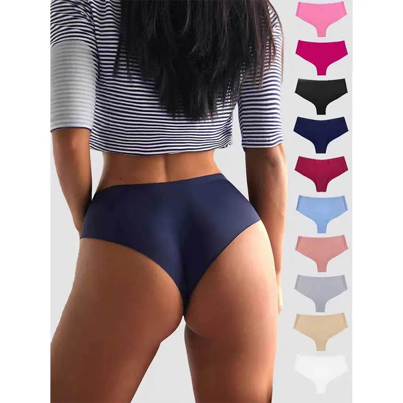 Celana dalam Thong wanita, dalaman olahraga Fitness sutra dingin spandeks nilon pinggang tinggi warna Solid
