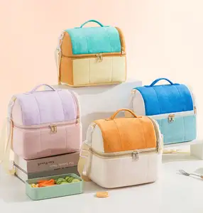 2023 Drop Shipping Flannel Candy Color Picnic Double Layer Cooler Lunch Messenger Tote Bags for Adults