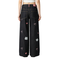 Jean en denim délavé style mignon pour femme, coupe large, taille haute, broderie ours, cœur et nœud, effet délavé