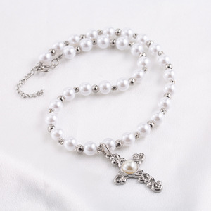 European American Fashion Imitation Pearl Rhinestone <b>Cross</b> Pendant Necklace For Men Women Titanium Steel Beaded <b>Chain</b> Everyday - Product Image 1