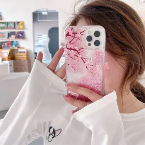 Funda para teléfono móvil Pink <span class=keywords><strong>Peach</strong></span> Blossom Quicksand para iPhone 16 15 14 12 Pro Max Love Hearts Sparkles Liquid <span class=keywords><strong>Cover</strong></span> Flower Design - Product Image 5