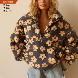 <span class=keywords><strong>Felpa</strong></span> con Cappuccio OEM di Alta Qualità con Zip 1/4, Motivo Floreale Invernale, Giacca in Pile Sherpa Calda con Zip, Felpe da Donna - Product Image 1