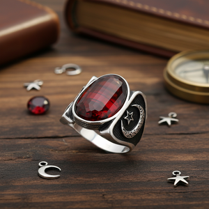 Triangle Cut Garnet Gemstone <b>Moon</b> Star Men <b>Rings</b> Authentic Men <b>Ring</b> Wholesale Handmade 925 Sterling Silver - Product Image 3