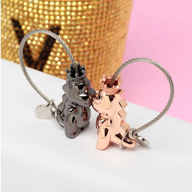 VJ New Magnetic Fashion Metal Cute Kiss Baby Dinosaur Couples Key Chains Pendant Bag Car Keychain For Valentine Gifts
