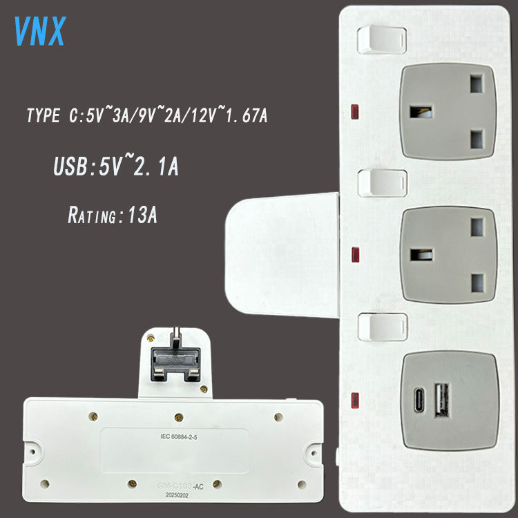 Vnx Uk Standard 13a Light Switch 2-Way Electrical Extension Socket Power Socket With 1 Type C and 1 Usb a Output Ports Outlet
