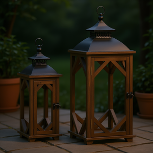 Lanterne rustique grande taille pour intérieur et extérieur, design en bois foncé et métal noir, éclairage décoratif suspendu - Product Image 2