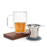 Tasses à thé et à café en verre à double paroi personnalisées de 500 ml (17 oz), tasse à thé en verre avec infuseur en maille et couvercle en bois