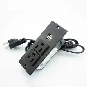 US power Rectangular Desk Flush Mounted Electrical Socket with USB Recessed Desk Power Socket 2 Outlets 2 USB