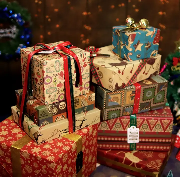 Kertas pembungkus Hadiah Natal kulit sapi Outlet pabrik kertas kemasan pohon Natal retro Eropa