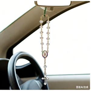 2 in 1 수제 묵주 팔찌 & 자동차 장식, 크리스탈 십자가 가톨릭 기도 구슬 거울 장식 기독교 선물용 - Product Image 5