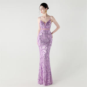 Nuovo Abito da Sera Estivo in Cashmere con Schiena in Rete Trasparente, Spalline Sottili, Effetto Illusione, Stile Red Carpet, Gonna a Sirena Lunga fino al Pavimento con Paillettes - Product Image 2