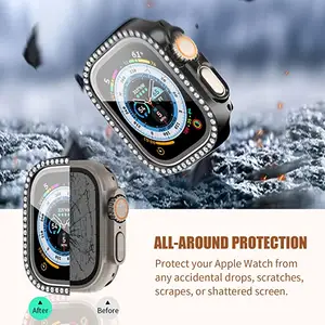 Verpakking Luxe Bling Strass Hard Pc Frame 9H Gehard Glas Sieraden Diamant Horloge Voor Apple Watch Ultra 49Mm