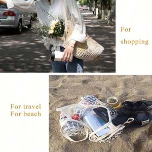 Sac de courses en filet de coton biologique, portable, réutilisable, lavable, avec longue poignée - Product Image 6