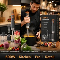 Mixeur Plongeant Manuel 4-en-1 Puissant 600W avec Corps en Acier Inoxydable Chromé, 2 Vitesses, Fouet, Hachoir, Bol, Certifié VDE