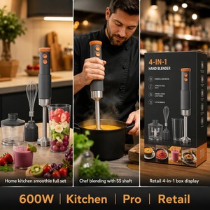 Batidora <span class=keywords><strong>de</strong></span> mano por inmersión 4 en 1, 600W, potente, cuerpo <span class=keywords><strong>de</strong></span> acero inoxidable cromado, 2 velocidades, batidor, picador, vaso, VDE - Product Image 2