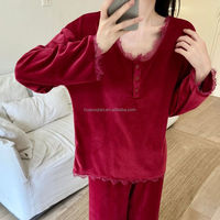 Pyjama en velours style français pour femme, automne et hiver, simple et décontracté, couleur unie, romantique, avec patchwork en dentelle