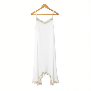 Robe de plage d'été pour femme HDJ, robe de plage blanche en mousseline de soie à col en V avec franges, robe de plage mi-longue - Product Image 1