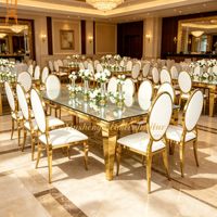 Table rectangulaire en acier inoxydable doré avec plateau en verre miroir pour événements, banquets, fêtes et mariages