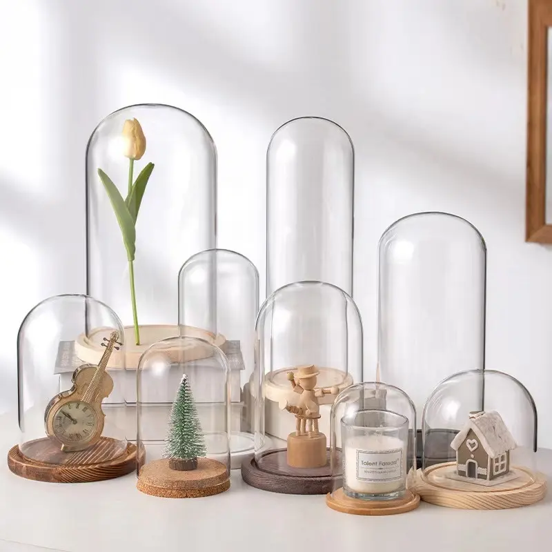 Wholesale Display Decorative Jar Container Forever Rose Glass Dome Cloche with wooden base For Decoration