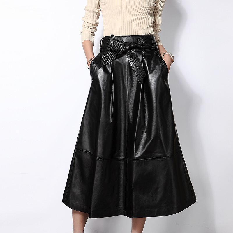 1701 Wholesale Factory Price Genuine Sheepskin Material Solid Color Umbrella Leather Skirt Long for Women